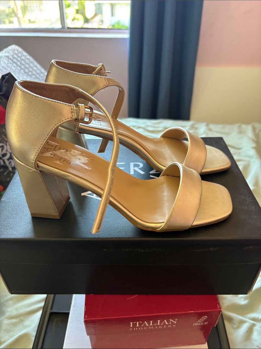 Naturalizer Metallic Gold Ankle-Strap Block Heels size 7.5 - Picture 2 of 8